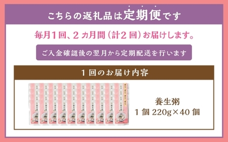 【全2回定期便】レトルト養生粥40食セット ／ 合計80食 お粥 レトルト粥 保存食 長期保存 手軽 防災食 長崎県 長崎市
