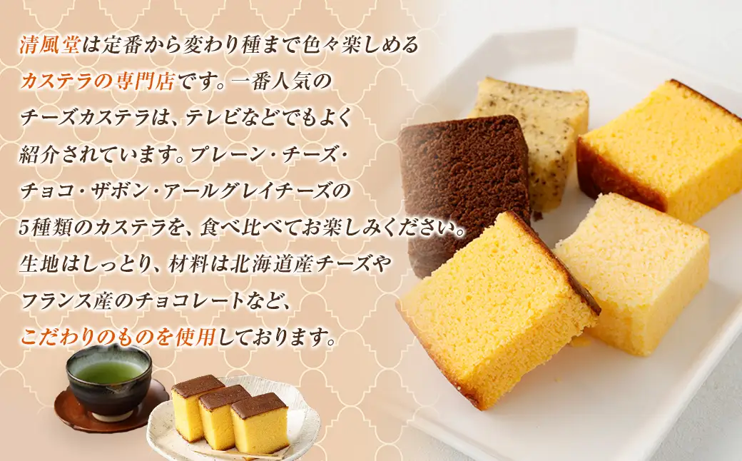 【5回定期便】長崎カステラ 5種類 食べ比べセット ／ プレーン チーズ チョコ ザボン アールグレイチーズ かすてら お菓子 菓子 デザート スイーツ おやつ 長崎県 長崎市