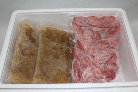 ガンコおやじの欲張りセット 約1kg (黒毛和牛切り落とし 約250g ×1p & ふかひれスープ 約350g ×2p) [マトン牧場 宮城県 気仙沼市 20565954]