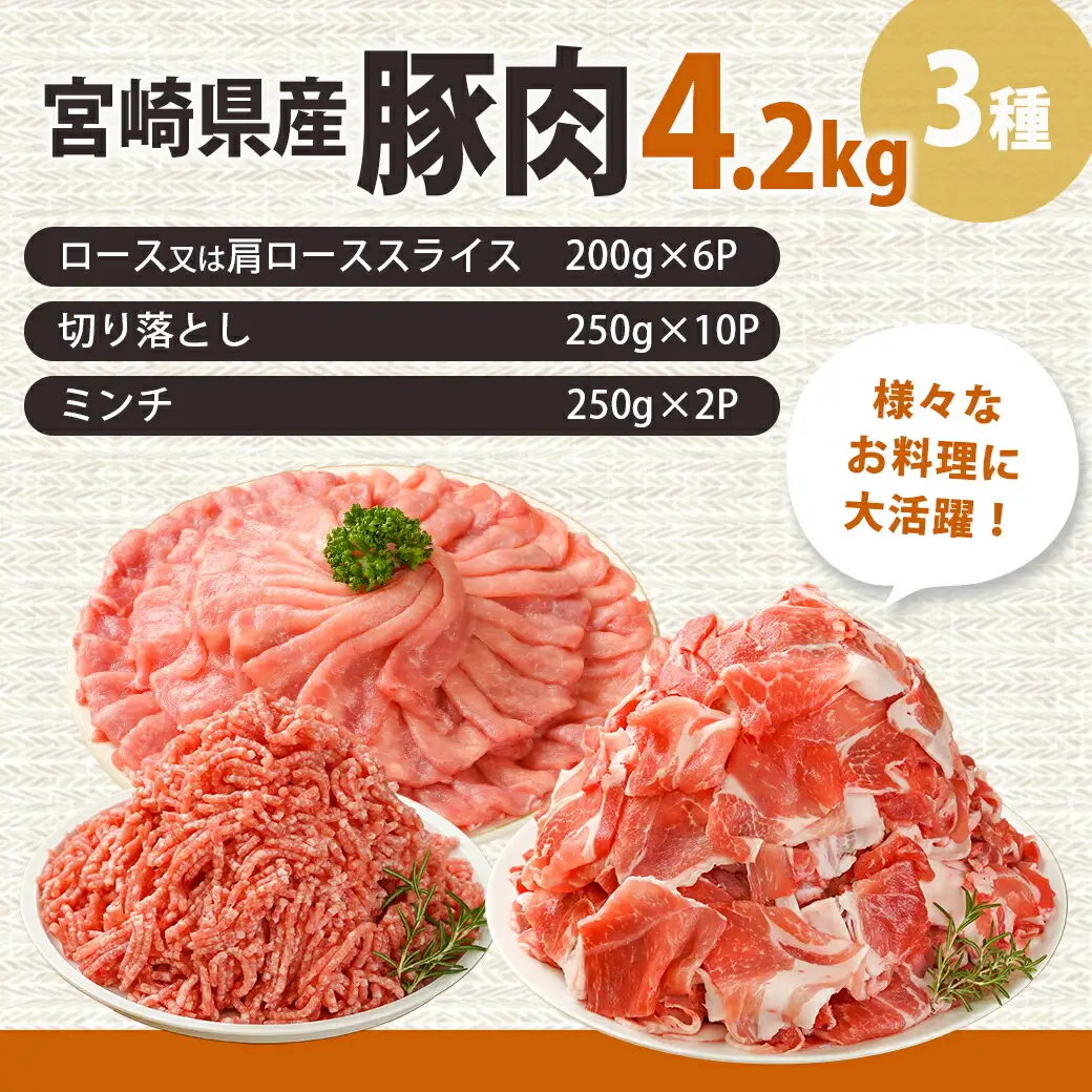 宮崎県産豚肉4.2kgセット〔17-M601〕_(都城市) 宮崎県産豚肉 4.2kgセット ロース又は肩ローススライス 切り落とし ミンチ