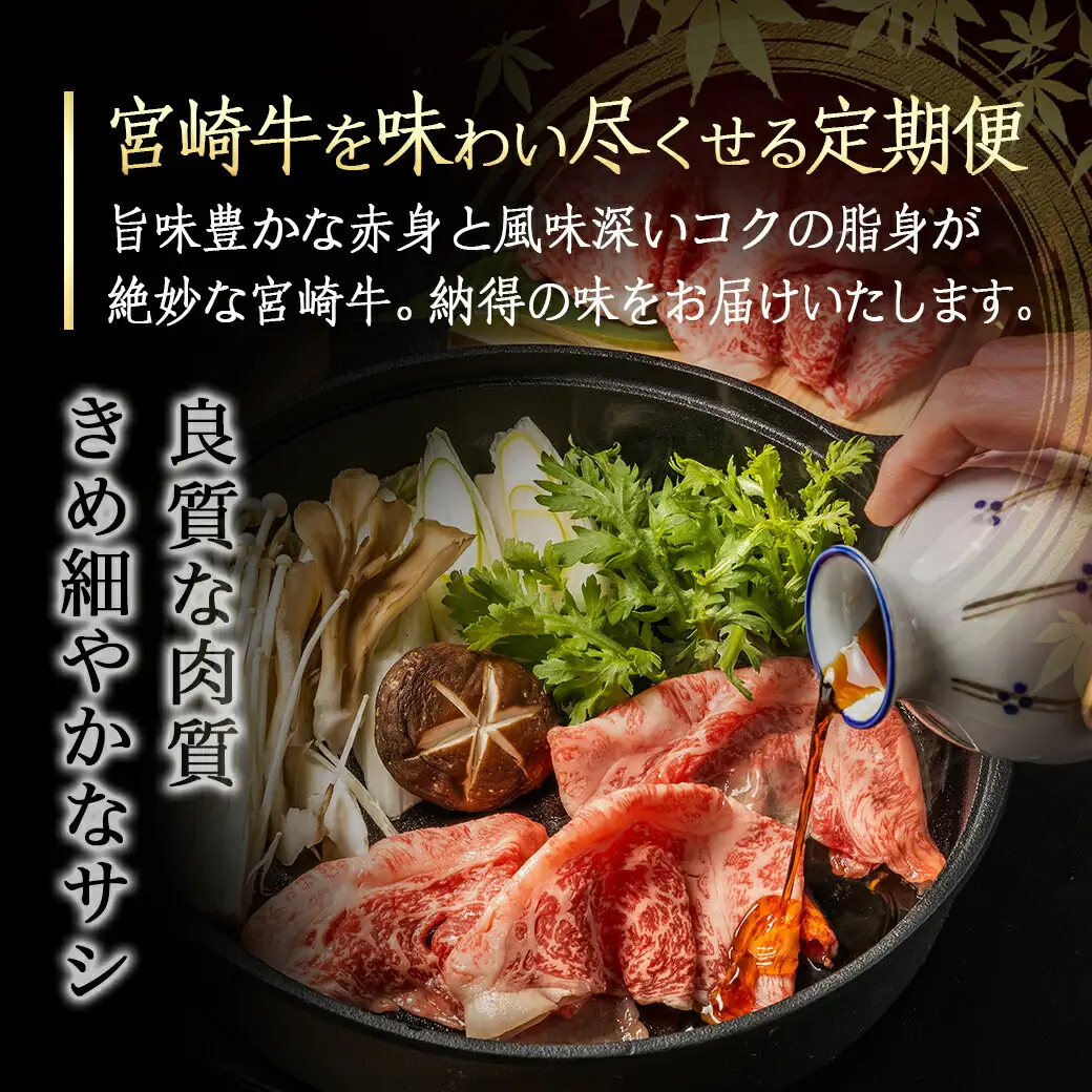 心もお腹も満たされる♪宮崎牛定期便(10ヶ月)〔T140-10-6501〕_(都城市) 宮崎牛 肩ローススライス/うで・ももスライス/切落しスライス/ロースステーキ/モモステーキ/ 10ヶ月連続でお届け 定期便