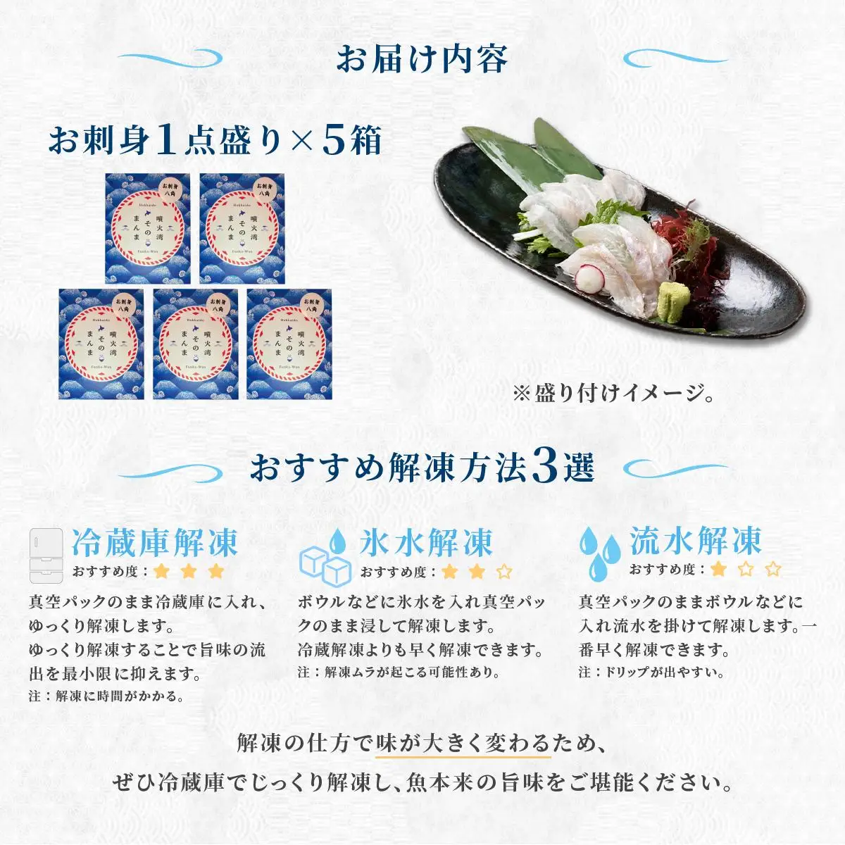 [5525-1118]噴火湾そのまんま お刺身1点盛り(わさび・醤油付き)5箱 旬菜一鮮 だて大和屋 厳選 魚介 海鮮 刺身 刺し身 小分け 新鮮 魚介類 魚貝類 加工食品 贈答 ギフト 贈り物 ご褒美
