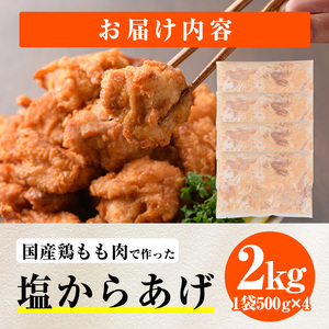 時短おかず 揚げるだけ やわらか！ジューシー！塩からあげ (計2kg・500g×4P) 国産 肉 鶏肉 モモ 鶏モモ肉 からあげ 唐揚げ 冷凍 惣菜 お弁当 簡単 時短 大分県 佐伯市【DH274】【(株)ネクサ】