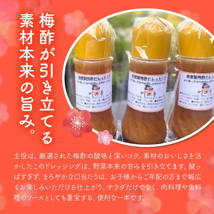 ドレッシング 自家製 300cc 3本 かじ池亭《30日以内に出荷予定(土日祝除く)》千葉県 我孫子市 ドレッシング 調味料 詰め合わせ お取り寄せ 国産 梅酢 万能 常備 サラダ 温野菜 カルパッチョ 送料無料