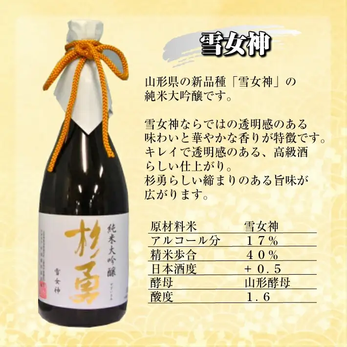 杉勇純米大吟醸飲み比べセット 純米大吟醸 杉勇 出羽燦々 山田錦 雪女神 山形県 遊佐町 庄内 日本酒 酒 お酒 清酒 詰合せ セット品 飲み比べ 家飲み 宅飲み おうち時間 [269]