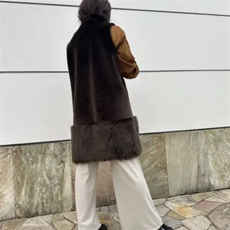 OKADA TEXTILE エコファー切り替え ロングベスト カーキブラウン_装飾品・工芸品  洋服 _【1571410】