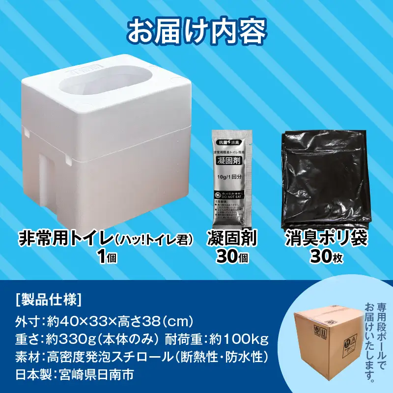 緊急時にあると便利!! 非常用トイレ ハッ！トイレ君 30回分 日用品 雑貨 災害グッズ 防災グッズ 簡易トイレ 災害用トイレ 防災用品 介護用 多機能 レジャー アウトドア キャンプ 渋滞時 おすすめ 軽量 生活用品 男女兼用 宮崎県 日南市 送料無料_BA87-24