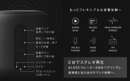 【＆Less】ワイヤレススピーカー ブラック Bluetooth Ver.5.3 【日本製】 高音質 小型 軽量 アウトドア 1人 キャンプ BBQ おしゃれ インテリア ポータブルスピーカー