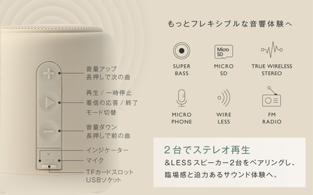 【＆Less】ワイヤレススピーカー グレー Bluetooth Ver.5.3 【日本製】 高音質 小型 軽量 アウトドア 1人 キャンプ BBQ おしゃれ インテリア ポータブルスピーカー