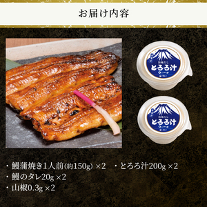 鰻 蒲焼き 活〆 炭火焼 2人前 大ぶり 通常の1.3倍サイズ 肉厚 ふっくら ジューシー 秘伝のたれ付き とろろ汁 2個 すりたてののど越し スタミナ セット おかず 冷凍 魚 富士市 [sf095-004]