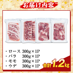 K-370-A かごしま味わい黒豚 焼肉ファミリーパック(合計1.2kg)【ふるさと産直バザール】霧島市 ロース バラ モモ ウデ 焼き肉 ヤキニク 豚肉 国産 鹿児島県産 肉 精肉 小分け セット 食べ比べ