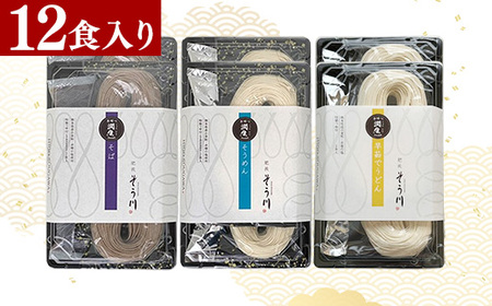 潤生「人気の定番麺」セット12食入り - うどん そば そうめん 饂飩 蕎麦 素麺 麺類 国産 九州産 小麦 つゆ付 国産小麦 手延べ てのべ 潤い 早茹で 再熟成 こだわり もっちり食感 簡単 煮込むだけ 常温保存可能 人気 おすすめ 熊本県 甲佐町 肥後そう川