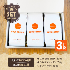 No.1190-B 自家焙煎コーヒー豆「スペシャリティコーヒー(DAYSBLEND/ひおきブレンド/グアテマラ)」(各200g×3袋・合計600g) 飲料 コーヒー コーヒー豆 自家焙煎 ブレンドコーヒー オリジナルブレンド グアテマラ  常温保存 【days coffee】