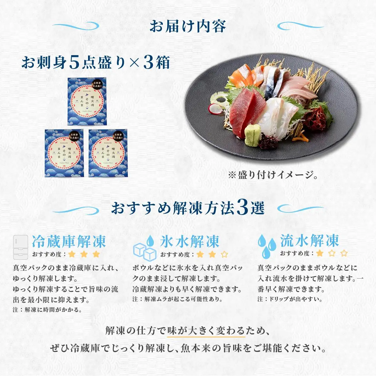 [5525-1174]噴火湾そのまんま お刺身5点盛り(わさび・醤油付き)3箱 旬菜一鮮 だて大和屋 厳選 魚介 海鮮 刺身 刺し身 小分け 新鮮 魚介類 魚貝類 加工食品 贈答 ギフト 贈り物 ご褒美