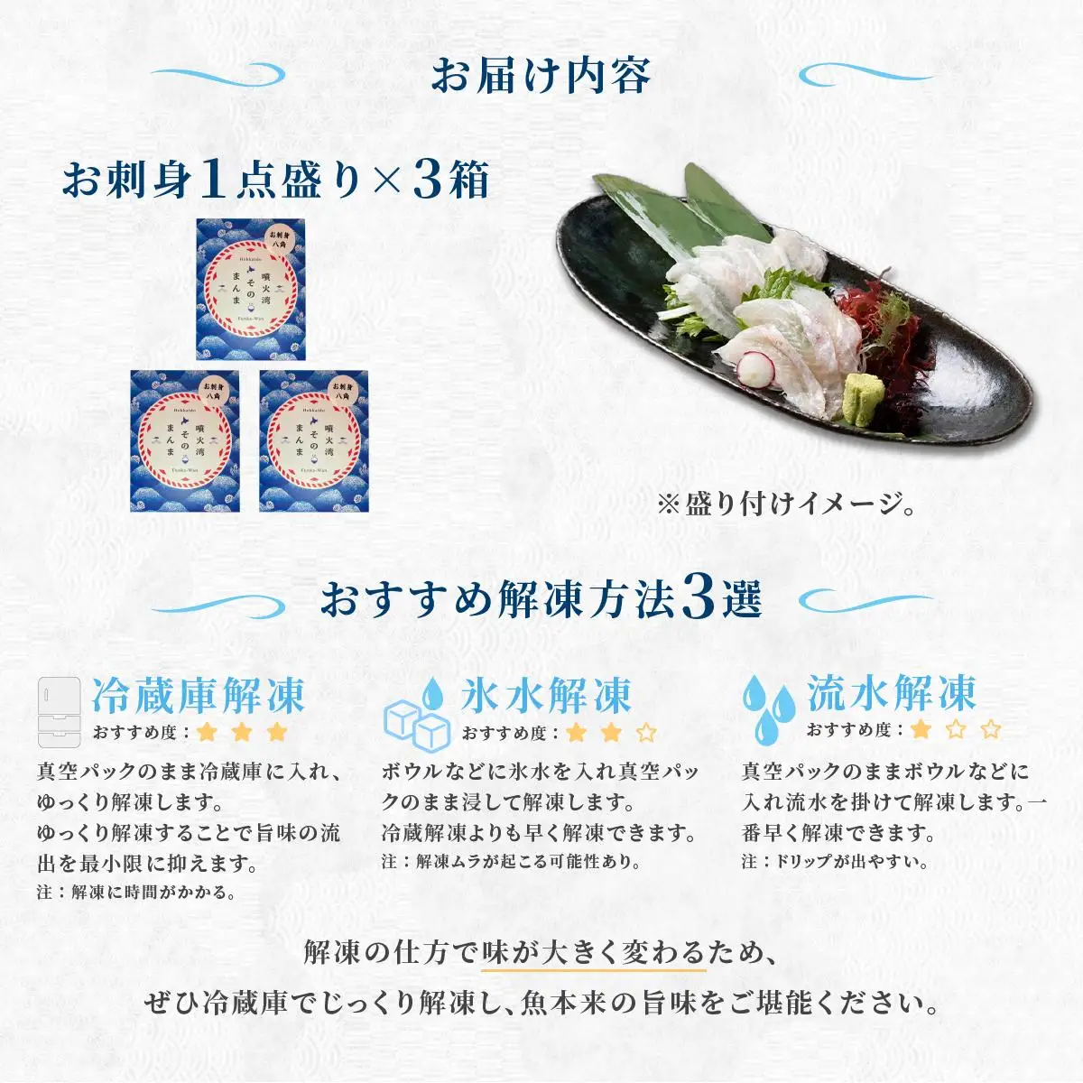 [5525-1175]噴火湾そのまんま お刺身1点盛り(わさび・醤油付き)3箱 旬菜一鮮 だて大和屋 厳選 魚介 海鮮 刺身 刺し身 小分け 新鮮 魚介類 魚貝類 加工食品 贈答 ギフト 贈り物 ご褒美