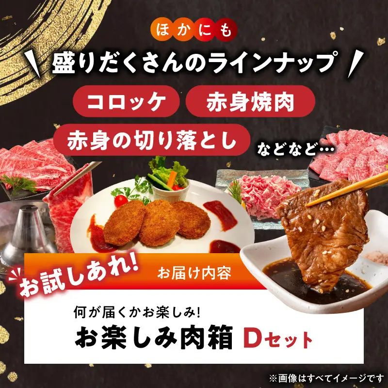 BN6135_お楽しみ肉箱 Ｄセット お試し ドキドキ 黒毛和牛 ハンバーグ ステーキ ロース ヒレ 焼肉 すき焼き しゃぶしゃぶ 盛り合わせ コロッケ ローストビーフ 食品 和歌山県 湯浅町 送料無料