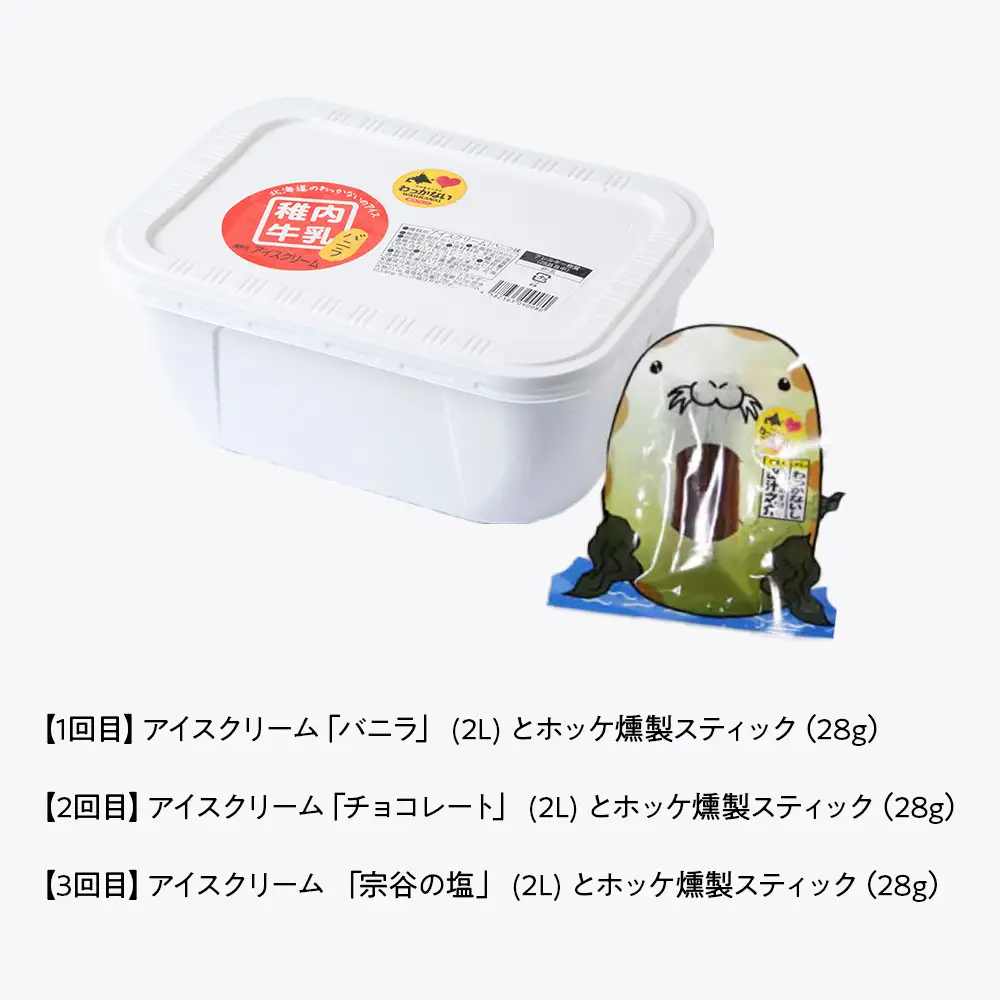 【毎月定期便】【業務用】稚内牛乳 アイスクリーム 2L と 出汁之介ホッケ燻製スティック全3回【配送不可地域：離島・沖縄県】