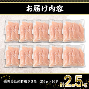 鹿児島県産 若鶏 ささみ(計2.5kg・250g×10P)【株式会社羽根】A576