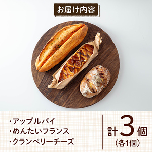 a985-A ハコスの人気ベスト3パン詰合せセット(各1個・計3個)【bakery hacos】姶良市 パン 冷凍パン 詰め合わせ 惣菜パン 菓子パン パイ アップルパイ めんたいフランス クランベリーチーズ