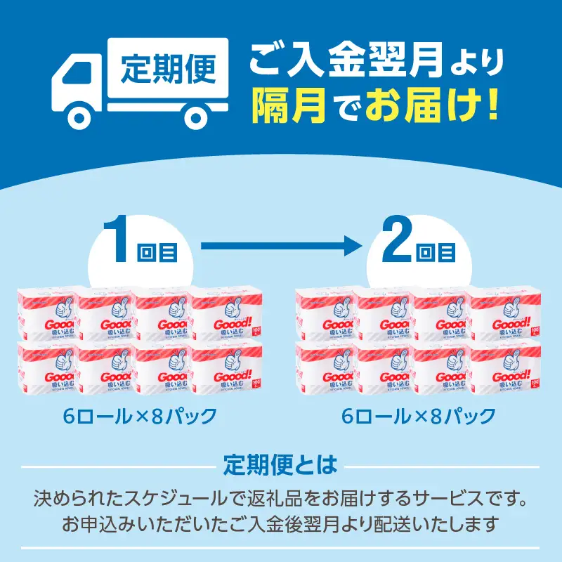 【隔月配送】キッチンタオル100カット（6ロール×8パック）2回お届け定期便 T10075