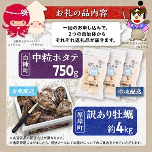 北海道 厚岸産 牡蠣 約4kg 海鮮 セット 訳あり × 北海道産 ホタテ 750g (250g×3)  ホタテ 牡蠣 ほたて 刺身  帆立 貝柱 カキ 生牡蠣 殻付 海鮮丼 魚介 貝 ふるさと 贈答用 人気 厚岸町 白糠町