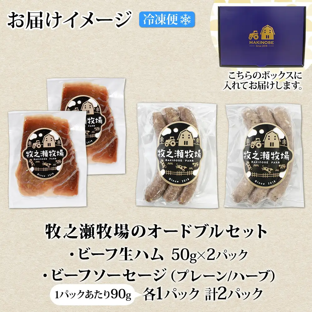 3229. 牧之瀬牧場 オードブル 生ハム 2パック ソーセージ  各1パック ビーフ プレーン ハーブ 牛 牛肉 おつまみ BBQ アウトドア 詰め合わせ 北海道 弟子屈町