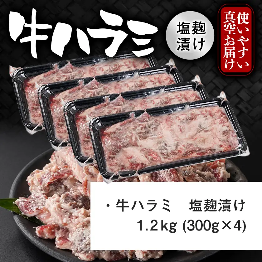 牛ハラミ 塩麹タレ漬け1.2kg≪みやこんじょ特急便≫〔12J-33-025-1200g-Q〕_(都城市)  味付き 牛肉 真空 小分け
