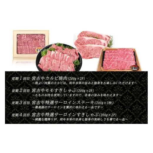 R121【定期便】【JA認定】宮古牛のカルビ焼肉・モモすきしゃぶ・特選サーロインステーキ・特選サーロインすきしゃぶ＜定期便全4回＞