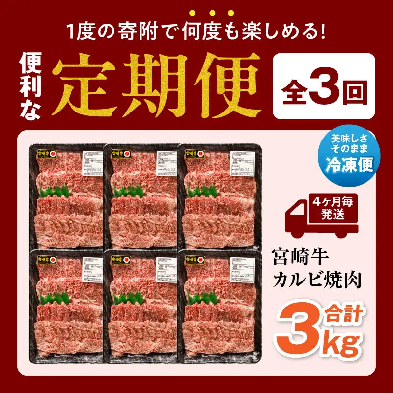 【定期便全3回】宮崎牛 カルビ焼肉 合計1kg 霜降り ブランド 焼き肉 焼肉 BBQ