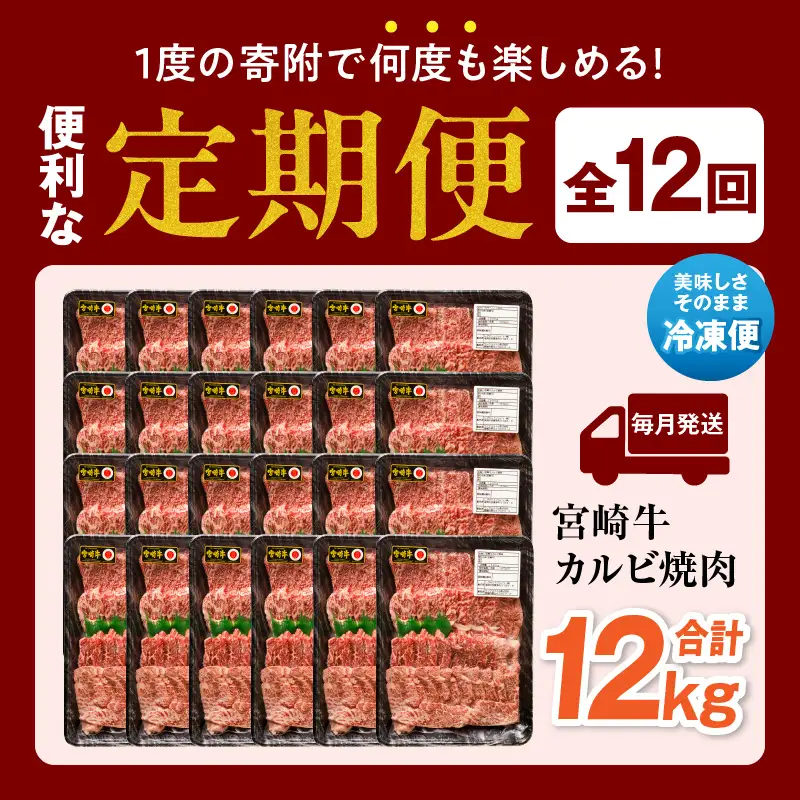 【定期便全12回】宮崎牛 カルビ焼肉 合計1kg カルビ 宮崎牛 黒毛和種 日本食肉格付協会 肉質等級4等級 最高級 サシ 焼肉 焼き肉 バーベキュー BBQ 定期便