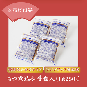もつ煮込み 4食入(1食250g) 純国産豚 豚肉 柔らか 厳選ホルモン 冷凍発送 たつみ庵 もつ煮 おかずご飯 おつまみ 惣菜 レトルト 静岡県 富士市 [sf001-199]