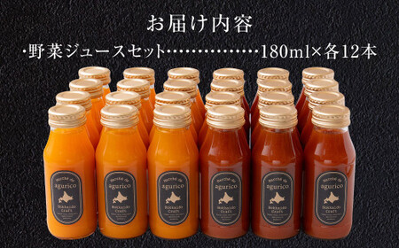 北海道産 agurico 野菜ジュースセット 180ml×24本（2種各12本） 合計4.32L 人参ミックスジュース ミニトマトジュース無塩 飲料 常温 北海道 浦臼町