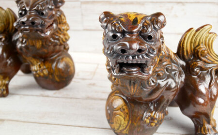 鋳込み　玉獅子　雌雄ペアセット【茶】　シーサー