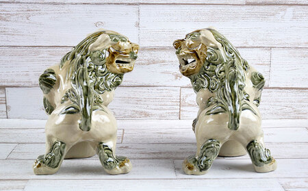 鋳込み　玉獅子　雌雄ペアセット【白】　シーサー