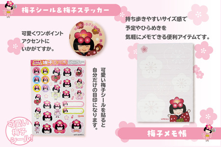 梅子グッズの詰め合わせ（ピンク） 梅子 グッズ タオル シール クリアファイル ファイル メモ帳 メモ 佐布里 梅 特産品 イラスト 日用品 観光大使 伝統工芸品 贈答 プレゼント 愛知県 知多市
