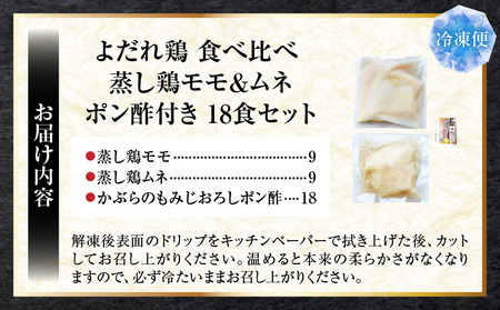 よだれ鶏　食べ比べ　18食セット鶏モモ＆ムネ　ポン酢付き| 鶏 鶏もも 鶏ムネ 蒸し鶏 チキン 国産 ソース 濃厚 特製 旨味 特製ソース ジューシー 柑橘 香川県 三木町 おすすめ |_mk146-260
