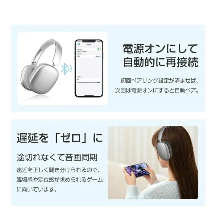 ワイヤレスヘッドホン＜グレー＞イヤホン ヘッドセット Bluetooth5.4 超低遅延 wireless マイク内蔵 自動ペアリング ノイズキャンセリング クリア通話 オーディオケーブル付き
