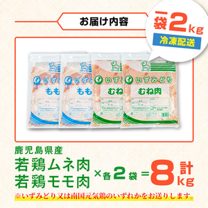i1095 鹿児島県産 若鶏ムネ肉・モモ肉 2種セット (計8kg・各2kg×2P ) 鶏肉 むね肉 もも肉 セット 国産 チキン もも むね 美味しい ダイエット 料理 【まつぼっくり】