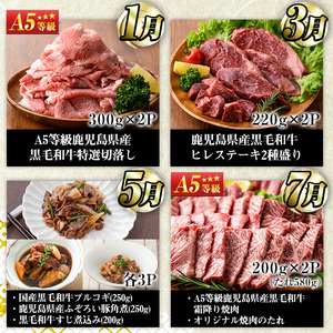 No.1246 ＜定期便・全6回(奇数月)＞お楽しみ！大人気の返礼品定期便 お試しコース(総重量5kg以上・ステーキ、霜降り焼肉、ローストビーフ等) 牛肉 黒毛和牛 和牛 ステーキ すき焼き しゃぶしゃぶ 焼肉 BBQ キャンプ 定期便 頒布会 A5 冷凍 ギフト 贈答【カミチク】