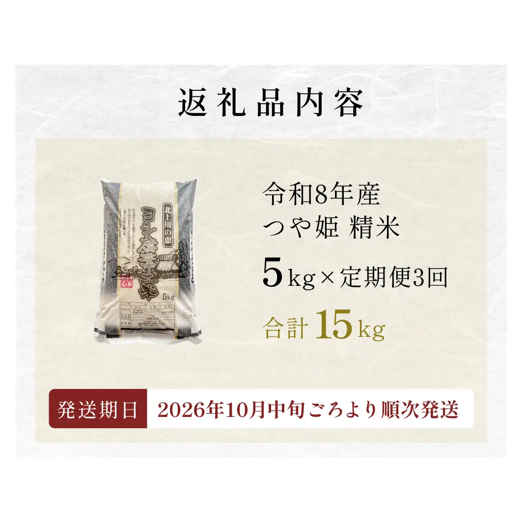  ＜先行予約＞ 【定期便3回】 米 令和8年産 つや姫 精米 15kg (5kg×3) 新米 こめ コメ お米 ご飯 白米 ツヤ姫 定期便 3回