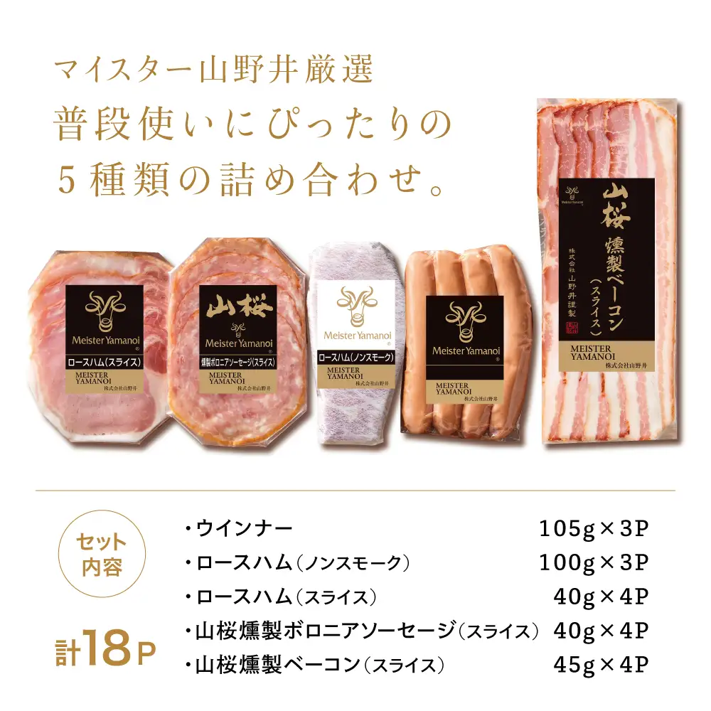 【マイスター山野井】ハム・ソーセージ 5種 詰合せ 計18P ウインナー ベーコン ハム スライス お取り寄せ 肉 豚肉 ご当地 鹿児島 グルメ ロースハム オードブル 惣菜 おかず おせち パーティー 手土産 ギフト 贈り物 贈答用 ご贈答 詰め合わせ セット 冷蔵 南さつま市