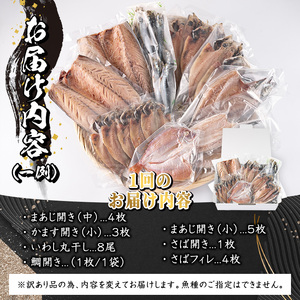 訳あり・干物お楽しみBOX (25尾以上：隔月3回) 定期便 簡単 干物 たい タイ あじ アジ かます カマス さば サバ いわし イワシ 丸干し 開き みりん干し 魚 海鮮 冷凍 詰め合わせ セット【AQ96】【(株)やまろ渡邉】