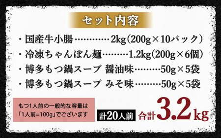 【岡垣町限定】 国産牛もつ鍋20人前 ちゃんぽん 2つの味が楽しめる濃縮スープ付（醤油味＆みそ味） 2種類 もつ ホルモン 鍋 お鍋 セット 冷凍 岡垣町
