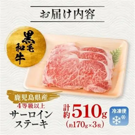 【鹿児島県産】黒毛和牛 サーロインステーキ 約510g (約170g×3枚)(枕崎市) B3-89_肉 ステーキ 牛肉 ビーフステーキ  肉 黒毛和牛 牛肉 _【配送不可地域：離島】【1616196】