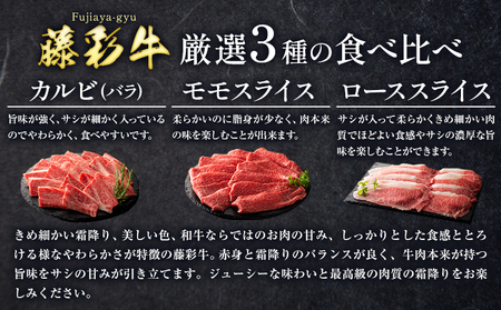 肉 藤彩牛 厳選3種の食べ比べ カルビ バラ モモスライス ローススライス 計 600g 各 200g 道の駅竜北  熊本県 氷川町 肉 牛肉 バラ カルビ 焼肉 ロース スライス モモ 黒毛和牛 ふるさと納税 A4～A5等級 切り落とし