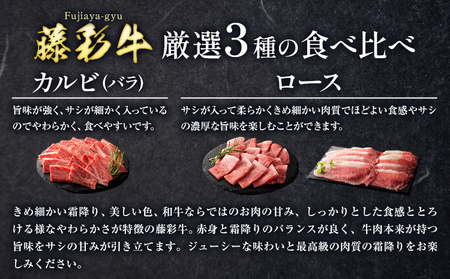 肉 藤彩牛 厳選3種の食べ比べ カルビ バラ 300g ロース焼肉用 ローススライス 各 200g 計 700g 道の駅竜北  熊本県 氷川町 肉 牛肉 バラ カルビ 焼肉 ロース スライス 黒毛和牛 ふるさと納税 A4～A5等級 切り落とし