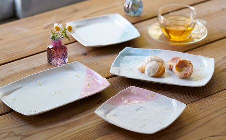 【陶器市特集】【波佐見焼】ホワイトデイジー プレートセット ブルー・ピンク 長角・正角 計4点【まるしん】[WD53]