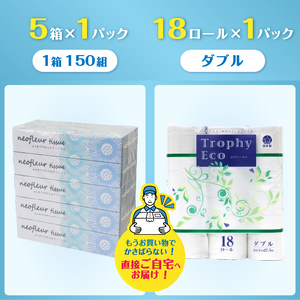 トイレットペーパー 18ロール ボックスティッシュ 5箱 セット 日用品 エコ 防災 備蓄 消耗品 生活雑貨 生活用品 ウォーター 水 ダブル 紙 ペーパー 生活必需品 花粉症 柔らかい 生活用品 富士市 【配送不可地域：北海道・沖縄・離島】 [sf077-161]
