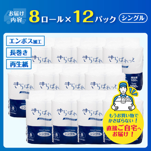 トイレットペーパー 2倍巻き 再生紙 きらぱれっと シングル 12個 (96ロール) 長持ち エンボス加工 無漂白 無着色 日用品 エコ 防災 備蓄 消耗品 生活雑貨 生活用品 紙 ペーパー 生活必需品 富士市 [sf108-002]