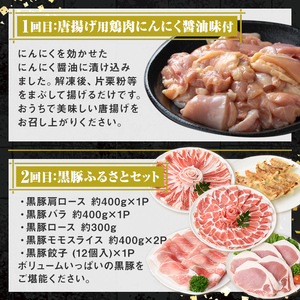 【E90001】＜定期便・全3回＞肝付町セレクト定期便《肉だらけ定期便A》 鹿児島 牛肉 黒毛和牛 豚肉 黒豚 鶏肉 唐揚げ 味付け 定期便 セレクト 加工品 肉加工品 簡単調理 冷凍 冷凍食品 【株式会社きもつき未来商社そらまち】